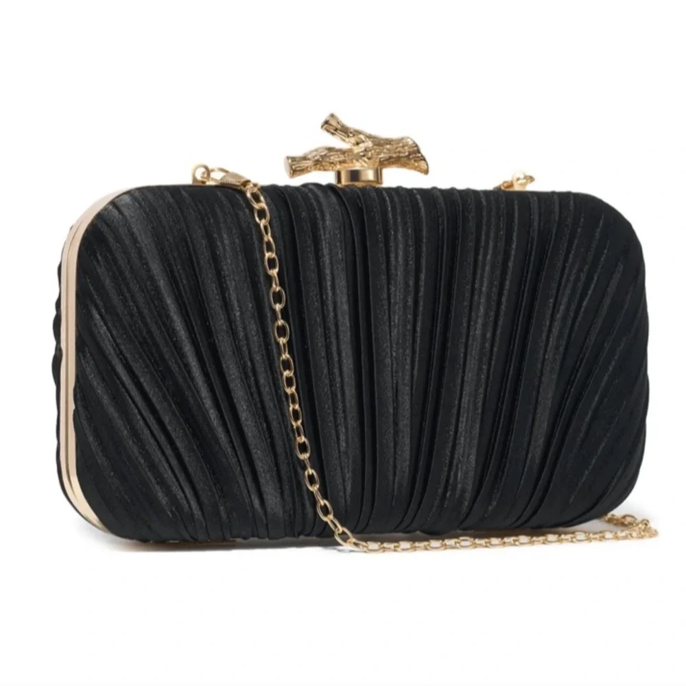 Elegant Black Pleated Evening Clutch with Gold Chain